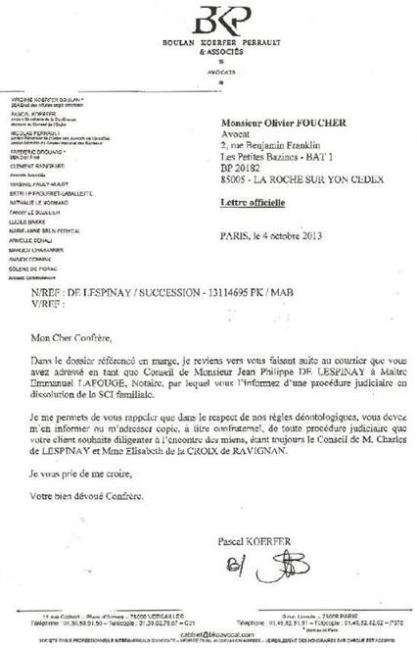 Koerfer, TOUJOURS conseil de Charles et Elisabeth