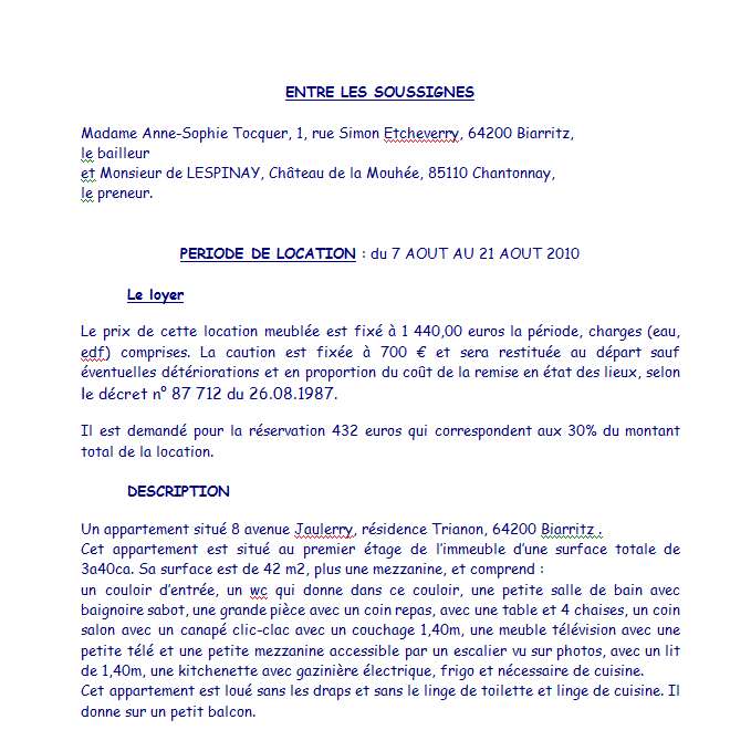 Contrat de location Tocquer Biarritz 1ère page