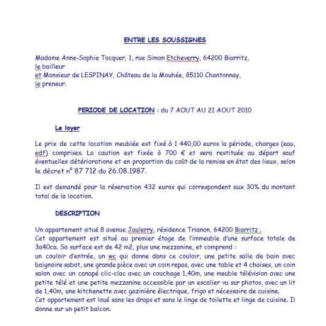 Contrat de location Tocquer Biarritz 1ère page