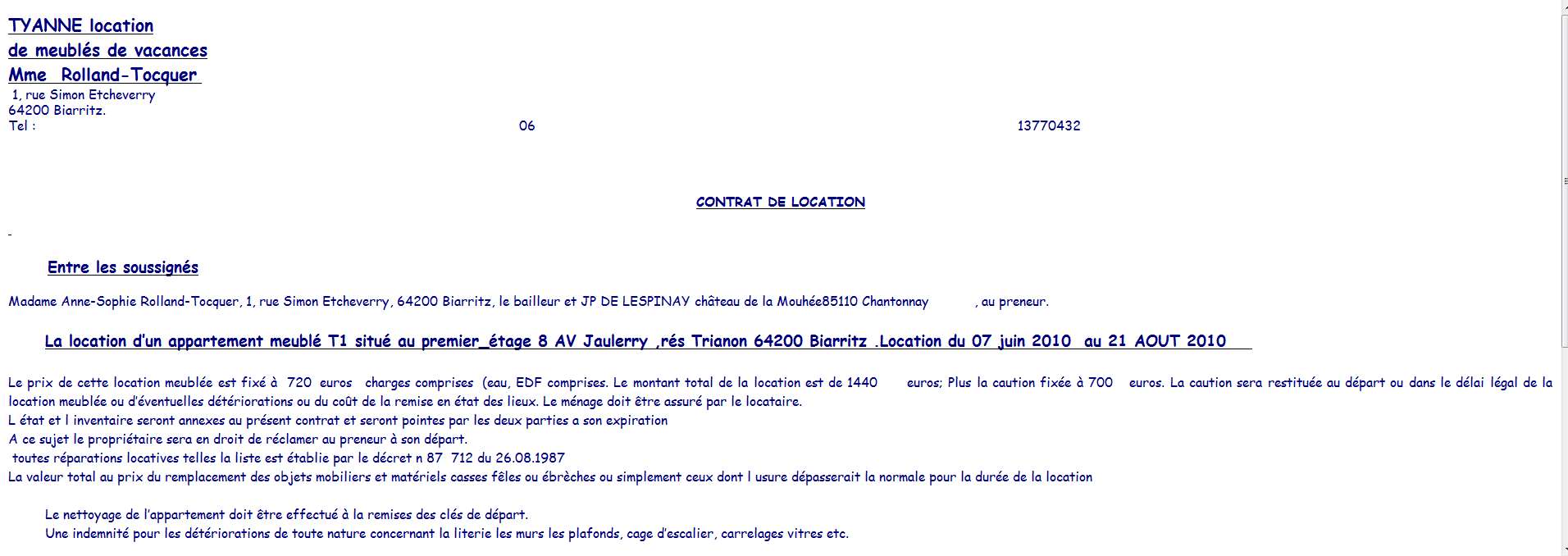 TYANNE Location de meublés de vacances