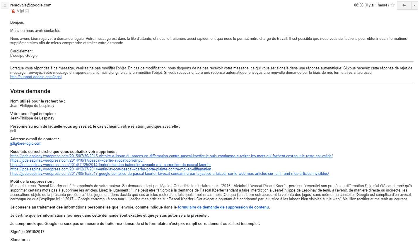 Mail récépissé requête JPL à Google cf Koerfer