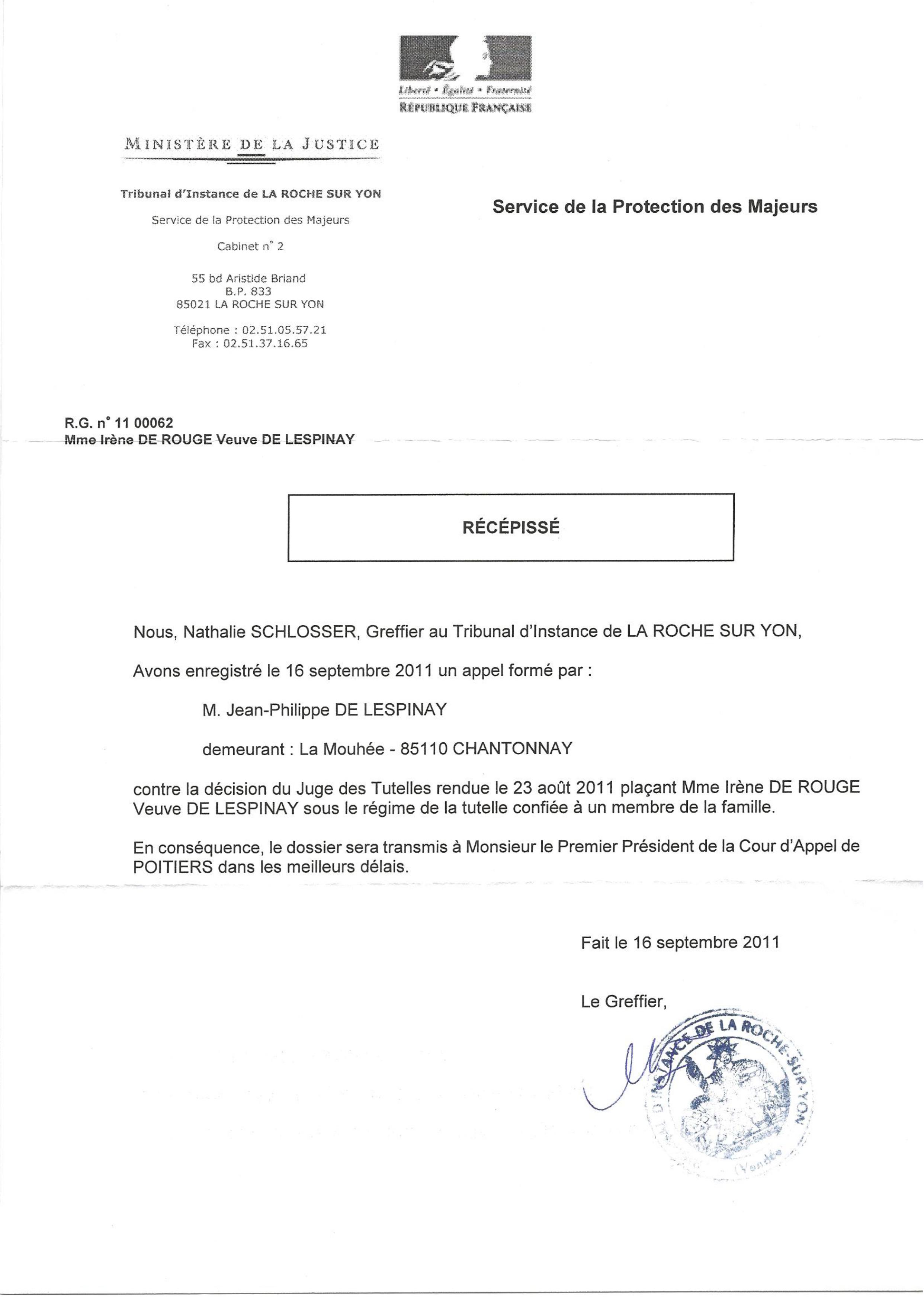 Le juge des tutelles 85 invente mon appel et le transmet à Poitiers (16.09.2011)