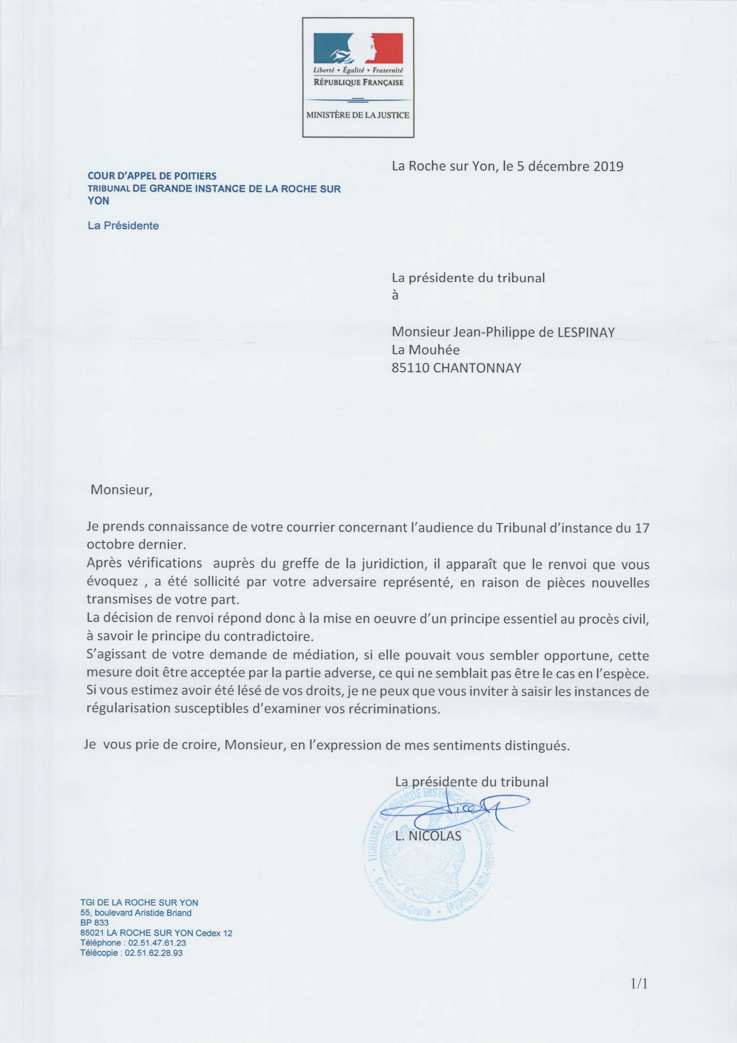 Lettre L. Nicolas présidente Tal 85 à JPL, 05.12.2019