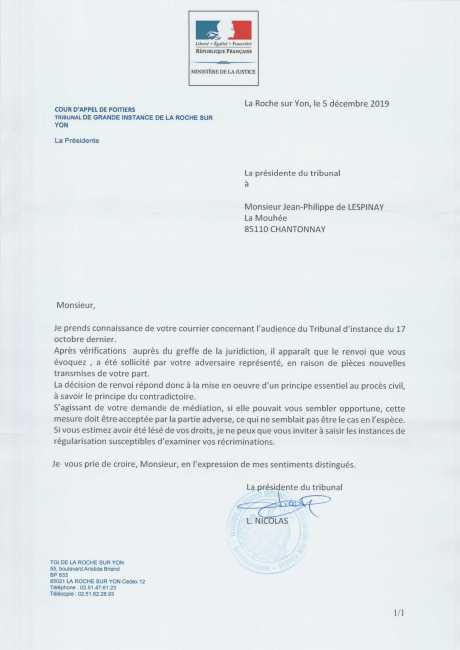 Lettre L. Nicolas présidente Tal 85 à JPL, 05.12.2019