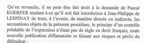 Koerfer débouté de sa demande de suppression de mon article (extrait)