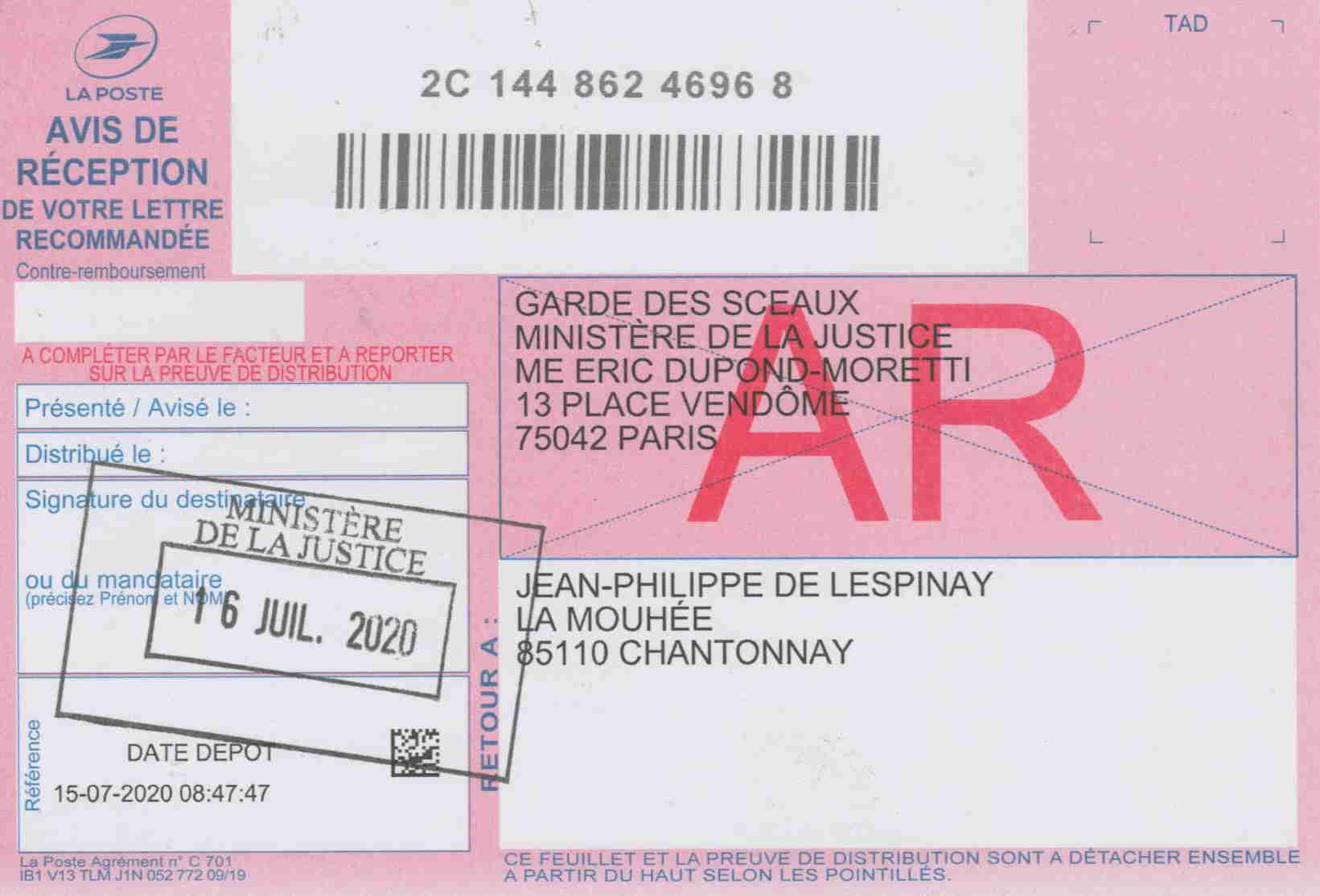 AR lettre JP à Garde des Sceaux, Me Dupond Moretti 16.07.2020