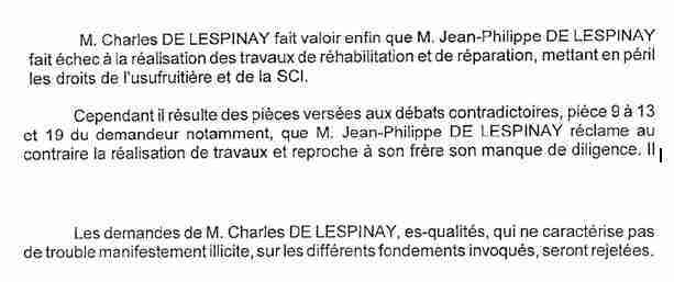 Extraits jugement expulsion attestant que JPL réclame vainement à Charles l'entretien de la Mouhée 2