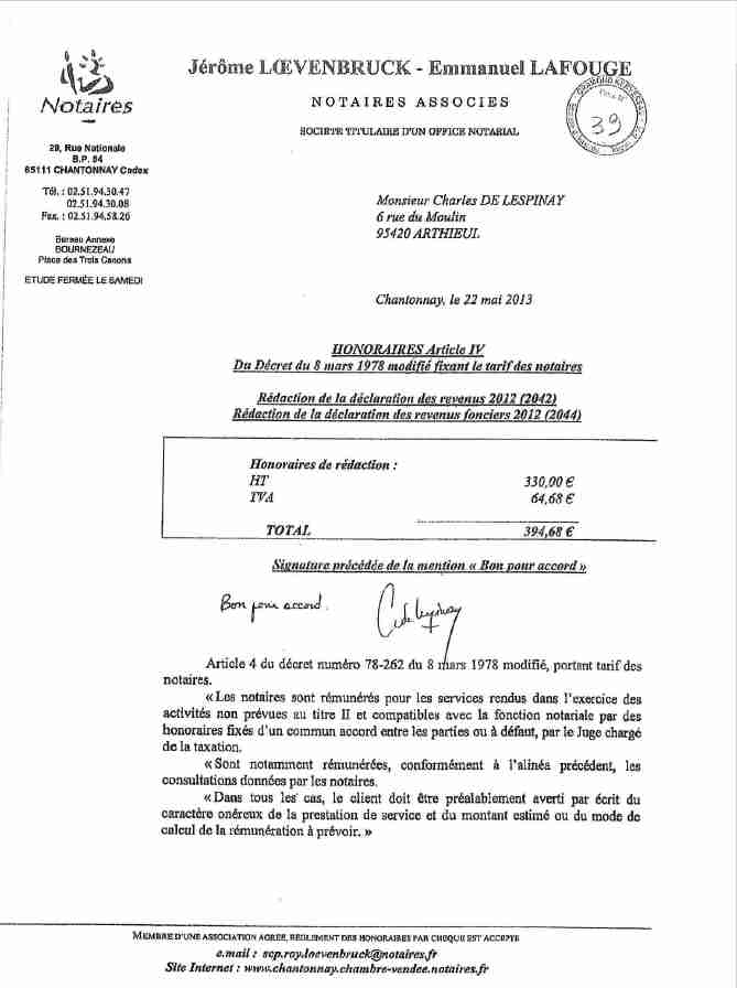 Facture d'honoraires payée à Charles par Lafouge 22.05.2013