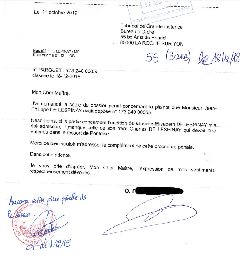 Le procureur déclare 'pas de pièces cf audition C+E dans la procédure' (n°2), 11.10.2019